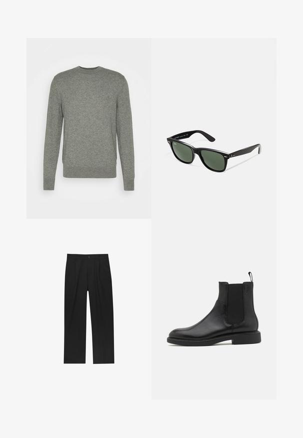 Marc O'Polo CREWNECK - Svetr - nordic grey melange; Černé kalhoty s rovnými nohavicemi, vyrobené z hladké tkaniny. Mají přední záhyby a jedno knoflíkové zapínání v pase.; Černá kožená kotníková bota s hladkým povrchem, elastickými bočními panely a poutkem. Kulatá špička a plochá gumová podrážka s minimálním vzorkem.; Černé plastové sluneční brýle se zelenými skly, čtvercové obroučky, stříbrný detail na obočí a texturované stranice. Značka uvedená na vnitřní straně stranic.