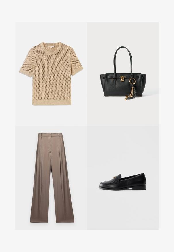 Pull court en maille beige à manches courtes avec un design en maille ouverte, col rond et ourlet côtelé. Texture légère adaptée aux temps plus chauds.; T-shirt blanc court en coton, avec des manches courtes et le logo "MICHAEL KORS" brodé ton sur ton à l'avant.; Pantalons à jambes larges de couleur taupe apaisée, fabriqués en tissu lisse avec une finition satinée. Dotés d'une taille cintrée et de plis subtils.; Mocassin en cuir noir avec un petit talon et un emblème décoratif en or sur la sangle, présenté sur un fond gris clair uni.; Sac à main en cuir noir avec double anses, serrure dorée et détails en chaîne, et accessoire à pompon noir et blanc sur fond blanc.
