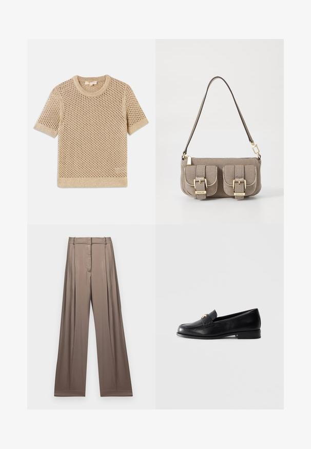 Maglione beige a maniche corte lavorato a maglia con design a rete aperta, scollo tondo e orlo a coste. Texture leggera adatta per il clima più caldo.; T-shirt bianco cropped in cotone, con maniche corte e logo "MICHAEL KORS" ricamato in testo abbinato sul davanti.; Pantaloni a gamba larga in un colore taupe smorzato, realizzati in tessuto liscio con una finitura satinata. Presentano una cintura su misura e delle pieghe sottili.; Mocassino in pelle nera con tacco basso e emblema decorativo dorato sulla fascia, esposto su uno sfondo grigio chiaro uniforme.; Borsa a tracolla beige con texture, cinturino regolabile, due tasche frontali chiuse da fibbie e dettagli in metallo dorato. Chiusura a zip nella parte superiore.