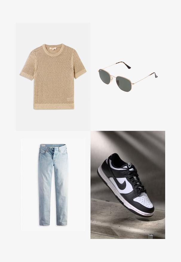 Beige gestrickter Pullover mit kurzen Ärmeln und offenem Netzdesign, rundem Halsausschnitt und geripptem Saum. Leichte Textur, die sich gut für wärmeres Wetter eignet.; Hellblaue Jeans aus Denim mit geradem Bein, zwei Fronttaschen und zwei Gesäßtaschen. Enthält einen Zwei-Knopf-Reißverschluss und dezente Nähte.; Schwarz-weißer Nike Dunk Low Sneaker mit Lederobermaterial, perforiertem Zehenbereich und schwarzen Schnürsenkeln, ausgestattet mit einer weißen Sohle und Logo-Akzenten.; Goldfarbene Metallrahmen-Sonnenbrillen mit dunkelgrünen Gläsern im Pilotenstil, mit schlanken Bügeln und Schildpatt-Akzenten an den Spitzen.; Braune strukturierte Ledertasche mit goldener Kettenriemen und Klappenverschluss. Die Vorderseite zeigt ein Logo-Detail und eine Tasche unter der Klappe.