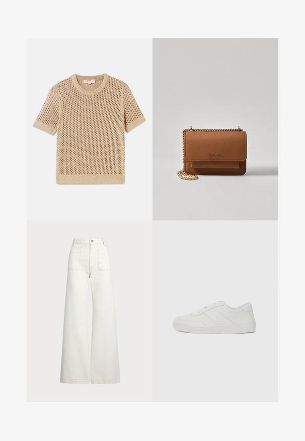 Maglione beige a maniche corte, lavorato a maglia con trama aperta e scollo rotondo a coste. Presenta un orlo dritto e un motivo testurizzato.; Jeans a gamba larga in denim bianco sporco. Design a vita alta con chiusura a bottone, due tasche frontali e dettagli di cucitura a contrasto.; Sneaker in pelle bianca con lacci piatti, punta rotonda e dettagli di cucitura delicati. Presenta una suola testurizzata e il logo del marchio in rilievo sul tallone.; Borsa a tracolla in pelle marrone con texture, dotata di catena dorata e chiusura a pattina. Sul davanti presenta un dettaglio con logo e una tasca sotto la pattina.