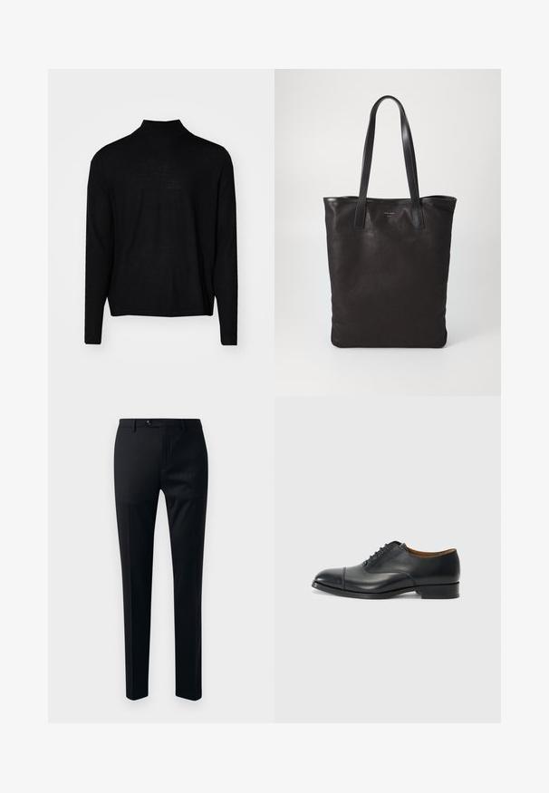Črn pulover z dolgimi rokavi in visokim ovratnikom. Narejen iz mehkega, gladkega materiala. Preprost dizajn, brez vzorcev, ima ravno obrobljen rob.; Črne hlače iz gladkega materiala, s sprejemljivim krojem nog in enojnim gumbom za zapiranje, ter stranskimi žepnimi za dodatno uporabnost.; Črne usnjene oblečne čevlje z gladko površino, okrogle konice, petimi luknjami za vezalke in nizkim blok peto. Minimalističen dizajn s subtilnim šivanjem.; Črna platnena torba s črnimi usnjenimi ročaji. Preprost dizajn, prostorna notranjost in gladka tekstura. Brez vidnih logotipov ali vzorcev.