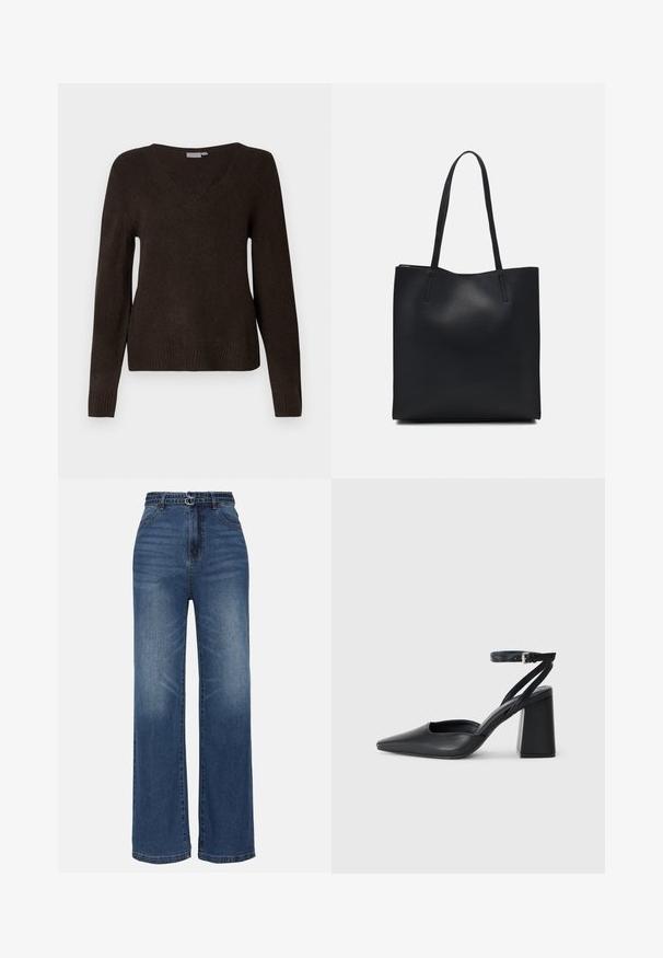 Langermet mørkebrun V-hals strikkegenser med ribbestrikkede mansjetter og kant, vist på en enkel hvit bakgrunn.; Bredde ben blå denim jeans med høy midje, utstyrt med to metallspenne-detaljer, subtil fading og standard fem-lommers design.; Svart lær pumps med spiss tå, ankelrem og kraftig hæl. Flat tekstur, strømlinjeformet design og minimalisme.; Svart lær tote bag med glatt tekstur, rektangulær form og to lange håndtak. Ingen synlige deler eller dekorasjoner.