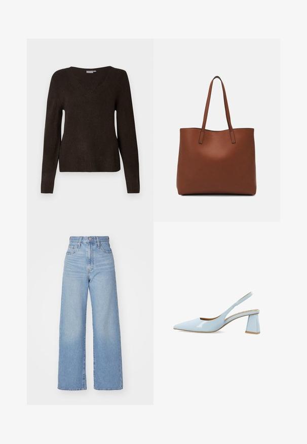 Long-sleeve dark brown V-neck knit sweater with ribbed cuffs and hem, displayed on a plain white background.; Light blue high-waist wide-leg jeans with front button and zip closure, front and back pockets, on a white background.; Pointed-toe slingback shoe in glossy light blue material, with a geometric block heel and open side design for breathability.; Brown leather tote bag with a smooth texture, open top design, and two shoulder straps. Features minimal stitching and no visible hardware.