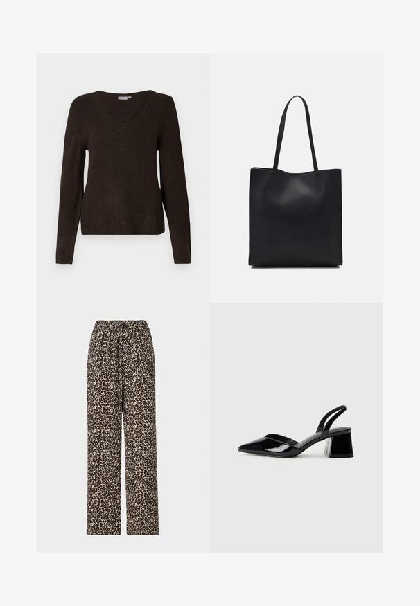 Pulover tricotat cu mânecă lungă, de culoare maron închis, cu decolteu în V și manșete și tiv cu nervuri, prezentat pe un fundal alb simplu.; Pantalonii cu imprimeu de leopard au un model negru și bej, talie elastică și croială dreaptă. Sunt confecționați dintr-un material moale și ușor.; Pantofi cu toc slingback din piele lacuită neagră, cu vârf ascuțit și toc geometric. Prezintă un design elegant, minimalist și o textură netedă.; Geantă tote neagră din piele, cu textură netedă, formă rectangulară și două mânere lungi. Fără hardware vizibil sau ornamente.