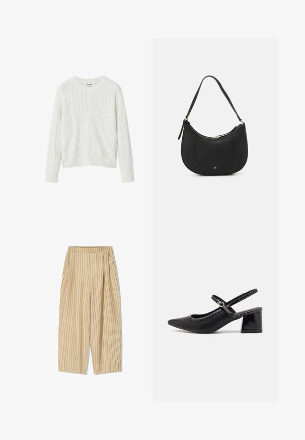 Maglione bianco a maglia intrecciata con scollatura rotonda, caratterizzato da motivi testurizzati e polsini e orlo a coste. Realizzato in morbido materiale a maglia.; Pantaloni a righe beige con cintura elastica, dotati di due tasche laterali, vestibilità ampia e strisce verticali nere per i dettagli.; Décolleté in vernice nera con cinturino dietro, punta affusolata, design con ritagli arrotondati e tacco a blocco. Presenta un accento di fibbia tono oro.; Borsa a mano in pelle nera con forma curva, superficie texturizzata, cuciture frontali e logo tono oro. Caratterizzata da una sola tracolla regolabile.