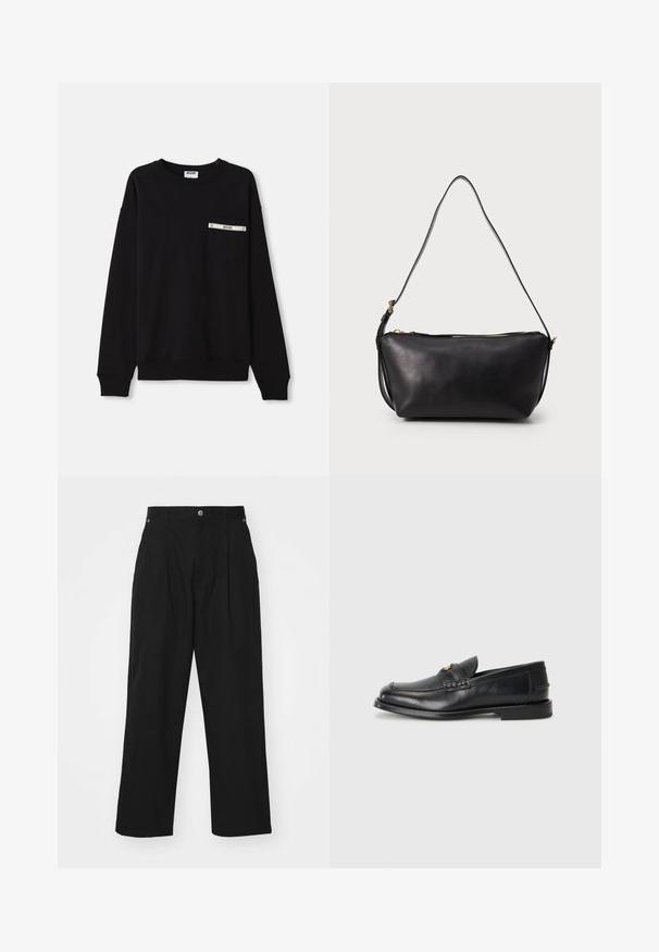 Felpa nera con maniche lunghe, polsini a costine, scollo tondo e una tasca frontale con un accento argentato e dettagli del logo.; Pantaloni larghi neri realizzati in tessuto leggero. Caratterizzati da una chiusura con bottone, pieghe frontali e due tasche laterali.; Mocassini in pelle nera con punta rotonda, dettagli cuciti e una piccola accentuazione dorata sul davanti. La suola è piatta e discreta.; Borsa a spalla in pelle nera con una lunga tracolla regolabile e chiusura con cerniera dorata sulla parte superiore, esposta su uno sfondo neutro.