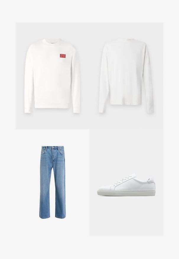 Sudadera de algodón blanca con mangas largas, cuello redondo y un pequeño logo rectangular rojo con la inscripción "JOOP! JEANS" en el pecho.; Camisa de algodón blanca de manga larga con cuello redondo, aberturas laterales en la parte inferior y una textura suave, exhibida desde la parte de atrás.; Jeans de mezclilla azul claro con un diseño de pierna recta, cinco bolsillos, cierre de botón, ligeramente desgastados y detalles de costura en contraste.; Zapatilla blanca con parte superior de cuero liso y perfil bajo. Presenta una puntera redondeada, seis ojales y una suela de goma texturizada.