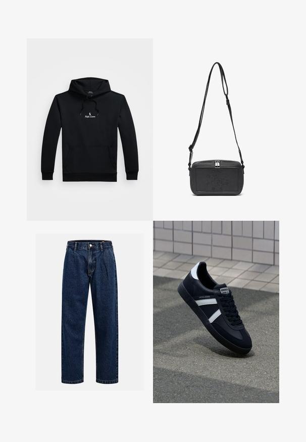 Fekete, hosszú ujjú kapucnis póló, elülső zsebbel, húzózsinóros kapucnival és a mellkason középen elhelyezett fehér Ralph Lauren logóval.; Sötétkék farmernadrág egyenes szabással. Jellemzői a látható varrás, gombos záródás és elülső redők a további részletekért.; Fekete bőr sportcipő fehér csíkokkal, textúrált gumitalppal és fűzős elejével. A nyelvén márkás címke található.; Fekete bőrből készült keresztbe hordható táska cipzáras záródással, dombornyomott logóval az elején és állítható pánttal. Simább textúrájú, téglalap alakú.