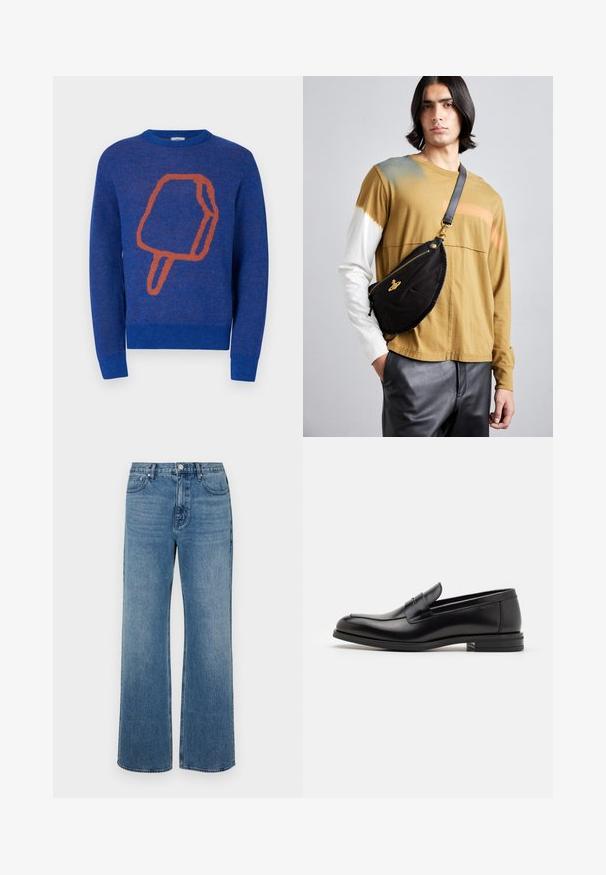 Blue knitted sweater featuring a large orange popsicle graphic on the front. Round neckline and ribbed cuffs and hem.; Wide-leg blue jeans made of denim with a faded finish. Features five pockets, a front button closure, and a straight cut.; Black leather loafers with a smooth texture, rounded toe, and a decorative strap across the vamp. Low stacked heel, minimalist design.; Vivienne Westwood CITY BUMBAG UNISEX - Bum bag - black