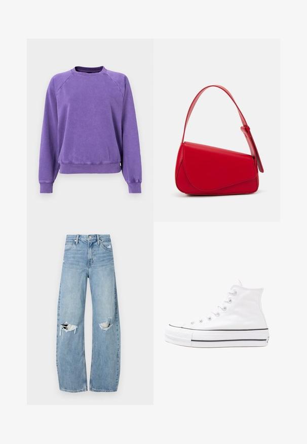 GAP NEW CREW - Camisola - ultraviolet wave; Jeans de lavagem clara, de cintura alta, feitos de denim. Apresentam pernas largas, duas áreas rasgadas nos joelhos e o estilo clássico de cinco bolsos.; Sapatilha alta de tela branca com sola de borracha preta, bico de borracha na frente e seis ilhós para os atacadores, apresentando um design limpo e minimalista.; Bolsa de mão em couro vermelho com um design angular e geométrico. Apresenta uma única alça ajustável e um fecho com aba, com detalhes cosidos.