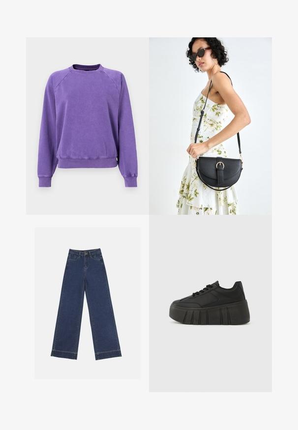 GAP NEW CREW - Sweatshirt - ultraviolet wave; Wide-leg jeans in dark blue denim. Features five pockets, belt loops, and a raw hem at the bottom with visible stitching details.; Black platform sneakers with a smooth synthetic upper, rounded toe, lace-up design, and a thick, ridged sole for added height.; Black leather handbag with a curved shape, detachable strap, and gold hardware. The bag features a flap with a buckle detail.