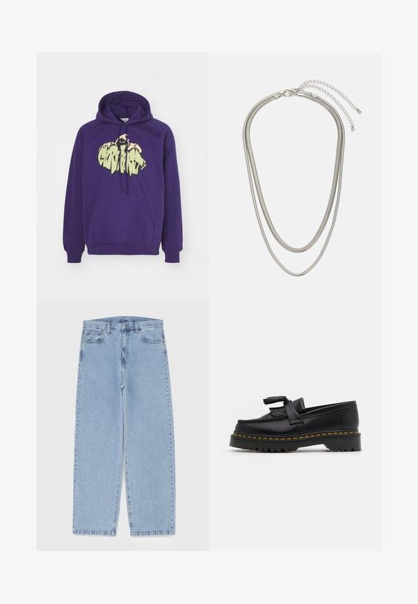 Paarse hoodie met een voorste zak, voorzien van een grote gele grafische print. De stof is zacht met ribbelmanchetten en een ribbelzoom.; Lichtblauwe denim jeans met een recht model, voorzien van een middelhoge taille, vijf zakken en een knoop- en ritssluiting.; Zwarte leren loafers met een franjesaccent, voorzien van een dikke zwarte zool en gele stiksels langs de rand. Gevoelige afwerking.; Driedelige zilveren metalen halsketting met slanke, flexibele kettingen met een lichte glans, beveiligd met een karabijnhaak en een verstelbare ketting.