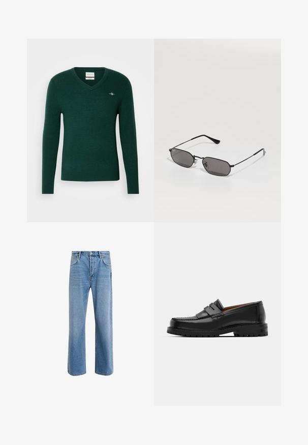 Donkergroene V-hals trui, gemaakt van zacht materiaal. Fitted ontwerp met lange mouwen en een klein geborduurd logo op de borst.; Lichtblauwe denim jeans met een straight-leg ontwerp, vijf zakken, knoopsluiting, minimale vervaging en contrasterende stikseldetails.; Zwarte leren instappers hebben een verhoogde naad, twee decoratieve banden op de bovenkant en een dikke, gestructureerde zool voor extra grip.; Zwarte hexagonale zonnebril met dunne metalen rand en donkere lenzen liggen op een witte ondergrond.