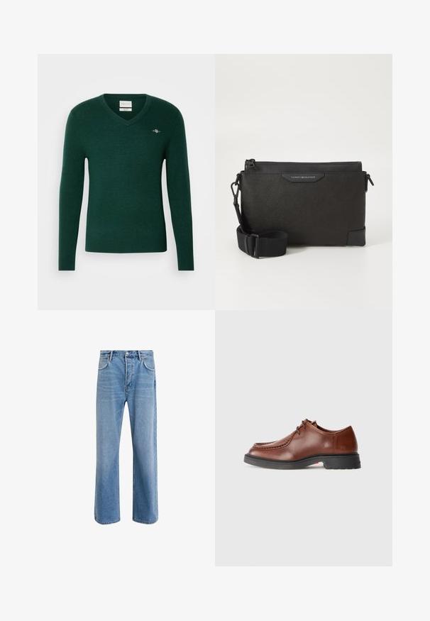 Mörkgrön V-ringad tröja, tillverkad av mjukt material. Figursydd design med långa ärmar och en liten broderad logga på bröstet.; Ljust blå denimjeans med rak passform, fem fickor, knappstängning, minimal blekning och kontrasterande sömdetaljer.; Bruna läderskor med rund tå, kontrasterande sömmar, snördesign och en strukturerad svart gummisula.; Svart lädercrossbody-väska med texturerad yta, med dragkedja och justerbar rem. Logotyp patch på framsidan. Rektangulär form.