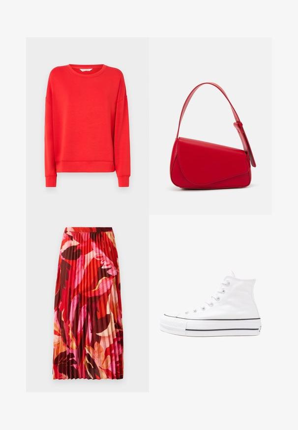Sudadera roja hecha de una tela suave, con cuello redondo, hombros caídos y puños de canalé. Diseño simple sin patrones ni adornos.; Blusa floral con mangas largas abullonadas, base color crema claro, con patrones florales en púrpura, naranja y verde, y diseño de cuello clásico.; Falda maxi plisada en un vibrante patrón floral de rojo, rosa y marrón. La cinturilla elástica y la textura suave mejoran la comodidad y el estilo.; Zapatilla de lona alta blanca con suela de goma negra, puntera de goma frontal y seis ojetes para los cordones, que presenta un diseño limpio y minimalista.; Bolso de cuero rojo con un diseño angular y geométrico. Cuenta con una única correa ajustable y un cierre de solapa con detalles de costura.