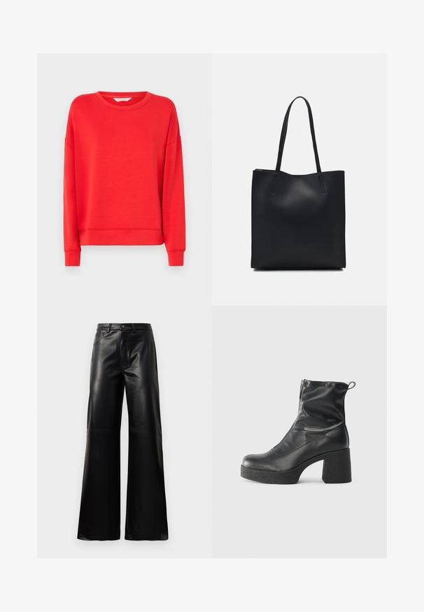 Červená mikina vyrobená z mäkkej tkaniny, s okrúhlym výstrihom, spustenými ramenami a rebrovanými manžetami. Jednoduchý dizajn bez vzorov alebo ozdôb.; Čierne vysokopriestené široké nohavice z umelého kože s predným gombíkom, zipsom, pútkami na opasok a bočnými vreckami na bielom pozadí.; Čierne členkové topánky z hladkej kože, so bočným zipsom, robustnou textúrovanou pätnou časťou a zaobleným dizajnom špičky.; Čierna kožená taška na rameno s hladkým povrchom, obdĺžnikovým tvarom a dvoma dlhými uchami. Bez viditeľného kovania alebo ozdôb.