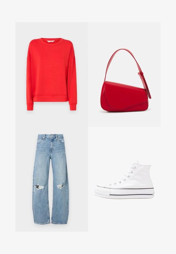 Piros pulóver, puha anyagból készült, kerek nyakkal, ejtett vállakkal és bordás mandzsettákkal. Egyszerű dizájn, minta vagy díszítés nélkül.; Világoskék, magas derekú farmernadrág. Széles lábakkal, két szakadt térddel és klasszikus öt zsebes dizájnnal rendelkezik.; Fehér magaskorsó vászon sportcipő fekete gumi talppal, elülső gumi orrnyereggel és hat fűzőlyukkal, letisztult, minimalista dizájnnal.; Piros bőr kézitáska szögletes, geometrikus kialakítással. Egy állítható pánttal és varrott részletekkel ellátott fedélzárral rendelkezik.