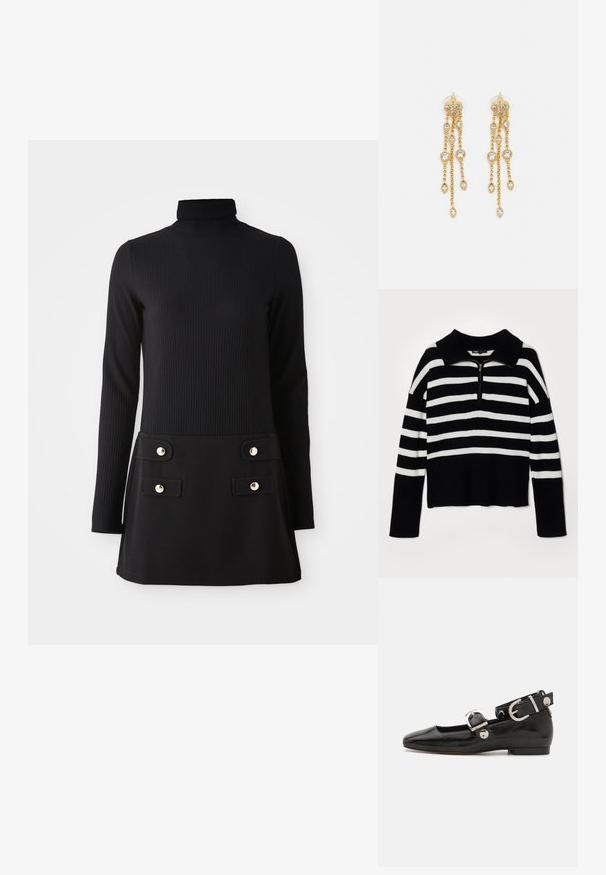 Maje Maglione - noir/ecru; Vestito nero a collo alto a coste con maniche lunghe, caratterizzato da un corpetto aderente e una gonna svasata con due tasche anteriori e bottoni dorati.; Scarpa flat in vernice nera con punta quadrata, cinturino alla caviglia con hardware in argento e suola piatta. Texture liscia con design minimalista.; Maje Borsa a tracolla - camel; Orecchini dorati con molteplici catene a cascata, dotati di accenti in strass ovali trasparenti e parte superiore decorativa a perno.