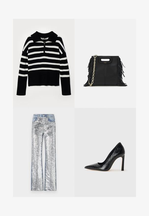 Maje Strickpullover - noir/ecru; Silberne Pailletten-Jeans mit weitem Schnitt, einem Denim-Bund und Seiten, die eine strukturierte, reflektierende Oberfläche erzeugen.; Schwarzer, spitz zulaufender High Heel mit Krokodilleder-Struktur, elegantem Design, hohem Stiletto-Absatz und glattem schwarzen Innenraum.; Schwarze Lederhandtasche mit Fransen-Details, goldener Ketten-Schulterriemen und einem ausgeschnittenen Griff. Mit Logoplatzierung auf der Vorderseite.