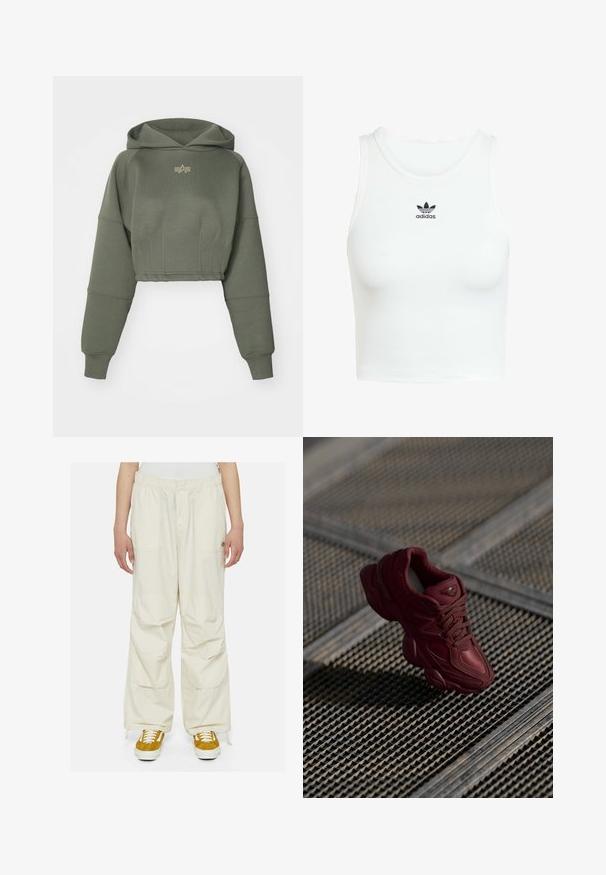 Alpha Industries WAISTED HOODY - Mikina s kapucí - dark olive; Bílý bavlněný tílko s úzkým žebrovaným vzorem, kulatým výstřihem a všitou černou výšivkou loga Adidas na přední straně.; Krémové cargo kalhoty s volným střihem, elastickým pasem a několika kapsami. Na bílém pozadí je obuty s hnědými a bílými teniskami.; Burgundské tenisky s texturovaným svrškem, šněrováním a výraznými konturami podrážky. Obsahují logo a bezšvové akcenty ze syntetického materiálu.