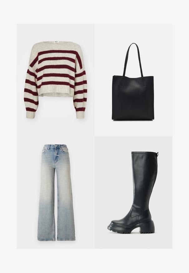 Kratka pletena majica s kremastimi in burgundskimi črtami, širokim izrezom, spuščeni rameni in rebrastimi manšetami. Narejena iz mehke pletene tkanine.; Svijetloplave široke traperice s visokim strukom, koje imaju pet džepova i vidljivo šivanje uz šavove.; Visoka črna usnjena škornja s debelim podplatnim solejem in blok peto, opremljena s potegom in strukturiranim profilom na podplatu.; Črna usnjena torba s svilnato teksturo, pravokotne oblike in dvema dolgima ročajema. Brez vidnih metalnih delov ali okrasnih elementov.