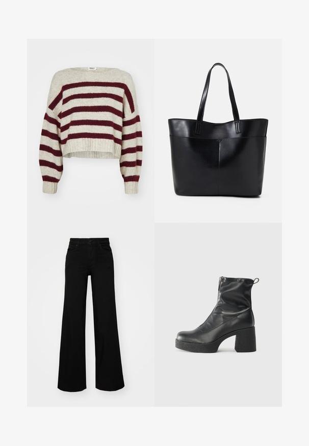 Krém és bordó csíkos, rövidített fazonú pulóver, széles nyakkivágással, ejtett vállakkal és bordázott mandzsettákkal. Puha kötött anyagból készült.; Fekete, bő szárú farmernadrág, amelynek állítható derékrésze van, övhurkokkal és elülső zsebekkel. Simaság jellemzi, klasszikus dizájnnal.; Fekete bokacsizmák sima bőrből, oldalsó cipzárral, vastag, texturált sarkú és lekerekített orrú dizájnnal.; Fekete bőr bevásárlótáska két hosszú fogantyúval, sima felülettel és strukturált formával. Elülső zseb található rajta a plusz tárolás érdekében.