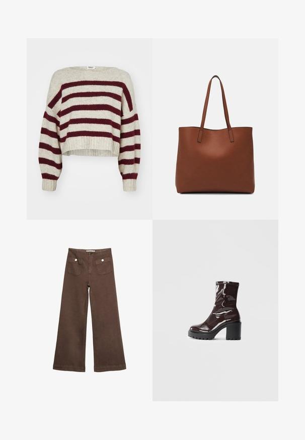 Kerman ja burgundy-ribaga lühikeste varrukatega sviiter, millel on lai kaelus, langenud õlad ja soonikkoes mansetid. Valmistatud pehmest kudumist.; Ruske leve bukser i bomuld med to forlommer med sølvknapper og en glat overflade.; Satea bordeaux berwarna mengkilap dengan tumit hitam tebal, menampilkan tekstur halus dan desain sederhana. Tanpa pengikat atau pola yang terlihat.; Ruskea nahkainen olkalaukku, jossa on sileä pinta, avoin yläosa ja kaksi olkahihnaa. Omaavat vain minimaalisen ompelun eikä näkyvää metalliosaa.