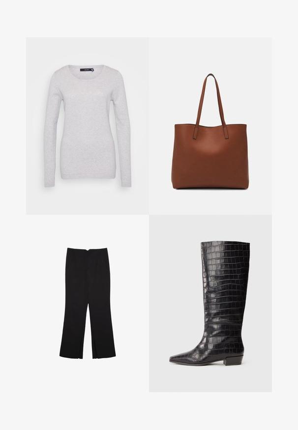 Helles grauer Langarmpullover aus strukturiertem Strickstoff mit Rundhalsausschnitt und gerippten Bündchen. Einfaches, unauffälliges Design.; Schwarze Hose mit geradem Schnitt, ausgestattet mit Fronttaschen und Seitenschlitzen am Saum. Hergestellt aus weichem, glattem Stoff. Geeignet für verschiedene Anlässe.; Schwarze Lederstiefel bis zum Knie mit Krokodilstruktur, spitzem Zehenbereich und niedrigem Blockabsatz. Mit dezentem Branding in der Nähe des Knöchels.; Braune Leder-Tote mit glatter Textur, offenem Oberteil und zwei Schulterriemen. Verfügt über minimale Nähte und keine sichtbaren Beschläge.