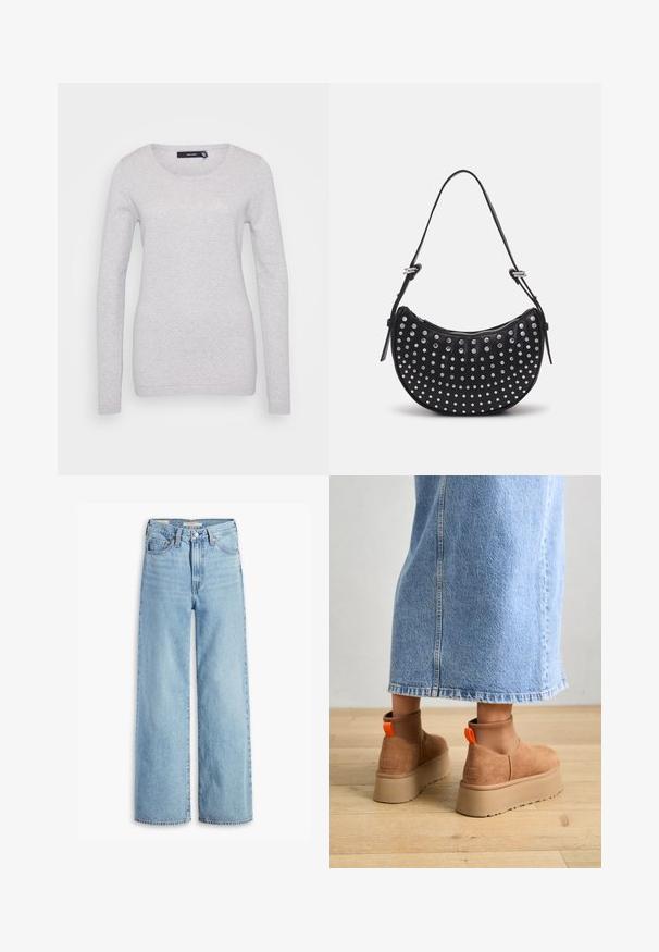 Harmaa pitkähihoinen neule, joka on valmistettu teksturoidusta kudotusta kankaasta. Siinä on pyöreä kaula-aukko ja ribbireunat. Yksinkertainen, koristelematon muotoilu.; Levi's® RIBCAGE WIDE LEG - Leveälahkeiset - far and wide; Ruske mokasine z platformo in elastiko na straneh ter oranžnimi zategovalnimi trakovi, v kombinaciji z osnovno dolžino svetle denim krila na lesenem podu.; Call it Spring SPARKLINA - Käsilaukku - black