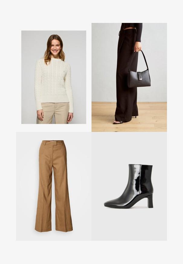 Cremfarbener Strickpullover mit Kabelmuster und geripptem Saum sowie Bündchen. Weiche Textur, runder Halsausschnitt, mit kleinem besticktem Logo auf der Brust.; Braune weite Hosen aus leichtem Stoff. Verfügt über einen flachen Bund, Gürtelschlaufen und eine taillierte Silhouette mit einem knöchellangen Schnitt.; Schwarzer Lackleder-Stiefelette mit spitzer Zehe und einem mittelhohen Blockabsatz. Glatte Textur und minimalistisches Design.; Schwarze Handtasche mit strukturierter Form, glatter Textur und einem metallischen Verschluss. Kombiniert mit weiten schwarzen Hosen und offenen Sandalen auf einem Holzboden.