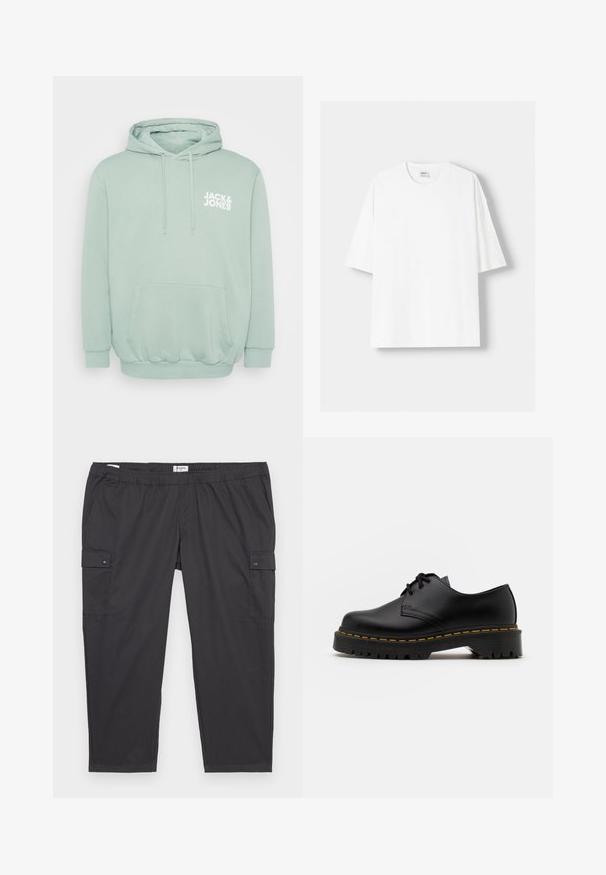 Mint green hoodie made of soft fabric; features a kangaroo pocket, ribbed cuffs, and a white logo on the chest. Adjustable drawstring hood.; White short-sleeved t-shirt made from cotton, featuring a round neckline and a relaxed fit. Smooth texture, with no visible patterns or accents.; Black cargo pants with an elastic waistband, side pockets, and snap button accents. Made of lightweight, smooth fabric.; Black leather lace-up shoe with a rounded toe, textured rubber sole, and yellow stitching around the base. Flat design and smooth finish.