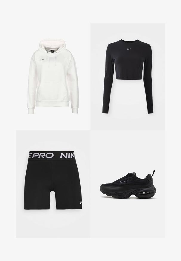 Felpa Nike bianca con tasca frontale a marsupio, cordini regolabili e piccolo logo argento sul petto. Tessuto morbido e polsini a costine.; Top corto a maniche lunghe nero realizzato in tessuto morbido, con scollo rotondo e logo Nike bianco sul petto.; Pantaloni sportivi neri con una cintura larga nera che presenta la scritta "NIKE PRO" in lettere bianche. Include un piccolo logo Nike Swoosh bianco sulla gamba.; Scarpa sportiva nera con una tomaia liscia e testurizzata. Presenta punta tonda, colletto imbottito e ammortizzazione ad aria visibile nella suola.
