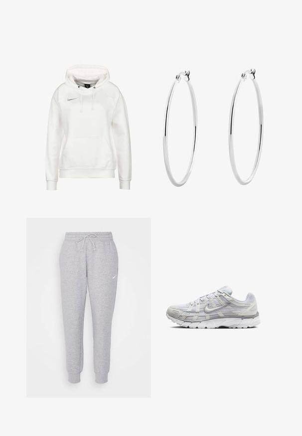 Felpa Nike bianca con tasca frontale a marsupio, cordini regolabili e piccolo logo argento sul petto. Tessuto morbido e polsini a costine.; Pantaloni della tuta grigi chiari con vita regolabile, gamba affusolata e un piccolo logo bianco sulla coscia sinistra. Realizzati in un morbido tessuto texture.; Scarpe da ginnastica grigio chiaro con tomaia in rete e sintetico, dotate di chiusura con lacci, collo imbottito e suola testurizzata per una migliore aderenza.; Orecchini a cerchio in argento con una superficie liscia e lucida e una forma circolare sottile. Il design presenta una chiusura sicura.
