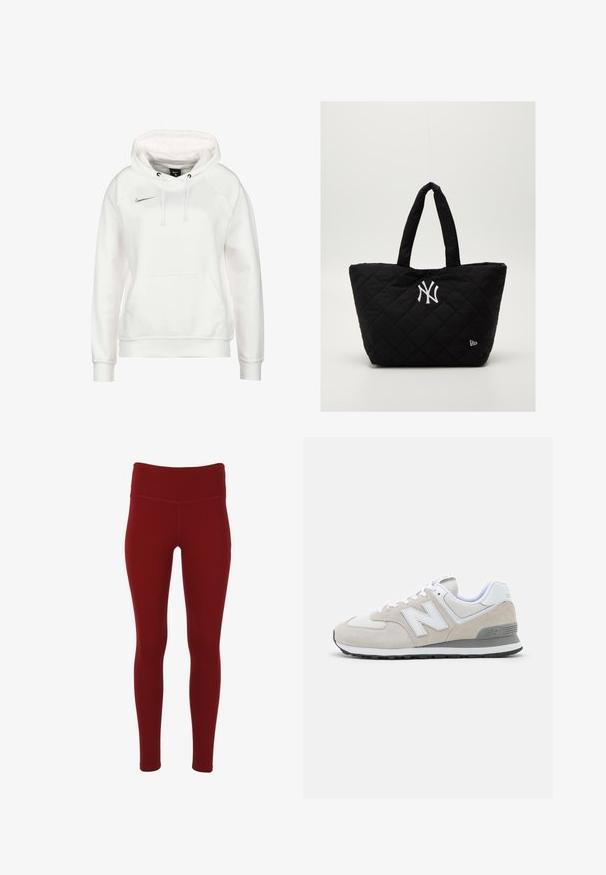 Witte Nike-hoodie met een voorste kangoeroezak, verstelbare trekkoorden en een klein zilveren logo op de borst. Zachte stof en ribgebreide manchetten.; Rode, strakke leggings van rekbaar materiaal, met een hoge tailleband en een gladde textuur zonder zichtbare patronen of hardware.; Lichtbeige sneakers met een mix van suède en mesh materialen. Het ontwerp heeft een opvallend wit logo en grijze accenten. Rubberen buitenzool.; Gequilted zwarte draagtas met dubbele handvatten, voorzien van een wit New York Yankees-logo en een klein merkembleem aan de zijkant.