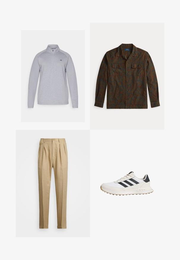 Light gray pullover sweatshirt with a quarter-zip collar, long sleeves, and a subtle logo. Made from a soft, textured fabric.; Long-sleeve shirt in dark green and maroon paisley pattern. Features a collar, two front pockets, and button fastenings. Smooth fabric texture.; Beige linen trousers with a straight cut, featuring two front pleats, a button closure, and side pockets. Textured fabric with a smooth finish.; White athletic shoes with black stripes, featuring a textured rubber sole, smooth leather upper, and a padded collar for support.