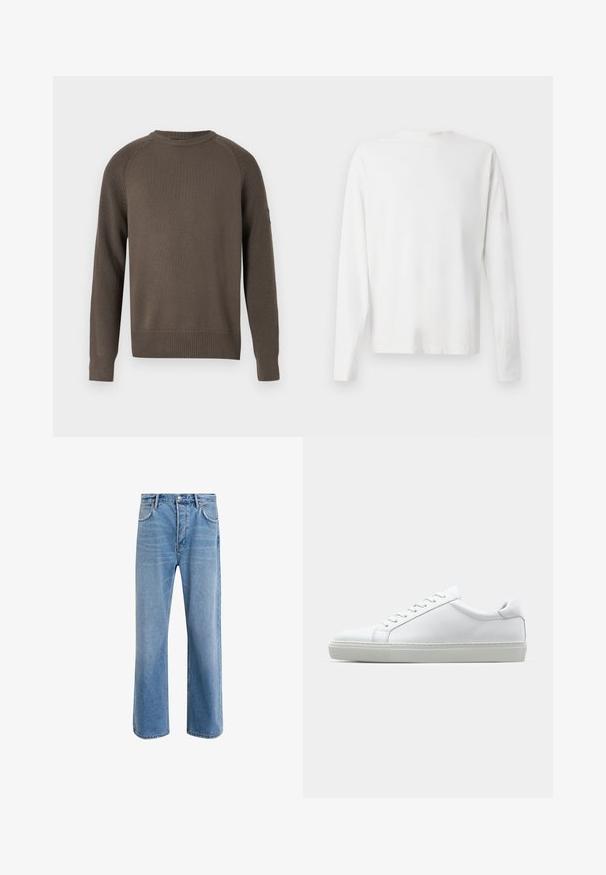 Hnědý pletený svetr s dlouhým rukávem a kulatým výstřihem, se strukturou na manžetách, lemu a ramenou, vystavený na jednobarevném pozadí.; Bílá bavlněná košile s dlouhým rukávem a kulatým výstřihem, s bočními rozparky na spodní části a hladkým povrchem, vystavená zezadu.; Světle modré džínové kalhoty s rovnými nohavicemi, pěti kapsami, zapínáním na knoflík, minimálním vyblednutím a kontrastním prošitím.; Bílé tenisky s hladkým koženým svrškem a nízkým profilem. Mají zaoblenou špičku, šest nýtů a texturovanou gumovou podrážku.