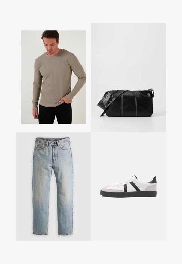 Beige pitkähihaisella lämpöpaidalla, jossa on teksturoitu ribbikuvio, pyöreä pääntie ja istuvat hihat, yhdistettynä mustiin housuihin.; Vaaleansininen farkut, joissa on korkea vyötärö, etunappi, vetoketju ja viisi taskua, asetettu tasaisesti neutraalille taustalle.; Valkoiset lenkkarit mustilla ja harmailla yksityiskohdilla, joissa on teksturoitu harmaa kärki, musta kumipohja ja litteät valkoiset nauhat. Siisti muotoilu, minimalistinen tyyli.; Mustakulmainen nahkainen olkalaukku, jossa on vetoketjukiinnitys, teksturoitu pinta, valkoiset ompeleet ja hihna, jossa on hopeiset niitit.