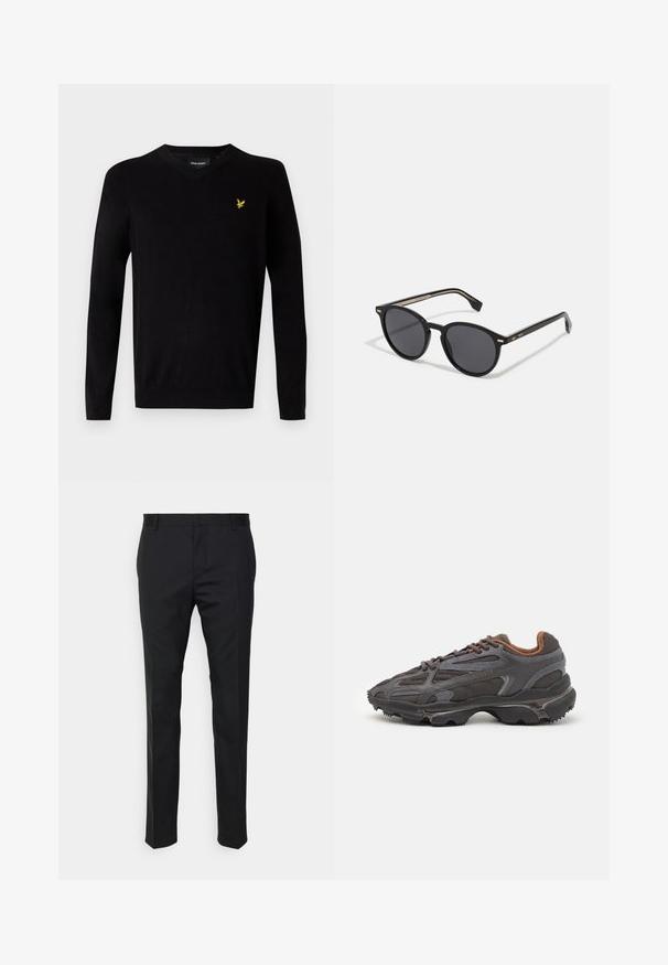 Fekete V nyakú pulóver puha kötött anyagból, hosszú ujjakkal és sárga hímzett logóval a bal mellrészen. Egyszerű dizájn.; Fekete, egyenes szabású, szabott nadrág sima anyagból. Övhurkokkal és redőzéssel a elülső részen.; Sötét szürke Lacoste sportcipők hálós és szintetikus anyagból, textúrázott talppal és barna díszítésekkel a nyak részen és a logón.; BOSS Napszemüvegek - black