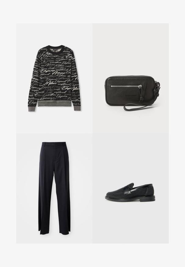 Juodas megztinis su tekstūruotu baltu rankraščio raštu. Riebios rankovių ir juosmens detalės, apvalus iškirpimas, vidutinio svorio audinys.; Juodi, aukštai užtraukiami kelnių modeliai su plačiomis kojomis, pagaminti iš lygaus audinio. Yra priekiniai raukšlės ir diržo kilpos. Minimalistinio dizaino, be matomų detalių.; Juodas pintas slip-on tipo batelis su lygiu odiniu akcentu viršuje, apvalios nosies dizainas ir žemas guminis padas.; Juodas odinis delninukas su tekstūruotu paviršiumi, priekinė užtrauktuko kišenė ir nuimama riešo juosta. Priekyje yra logotipo etiketas. Stačiakampio formos.