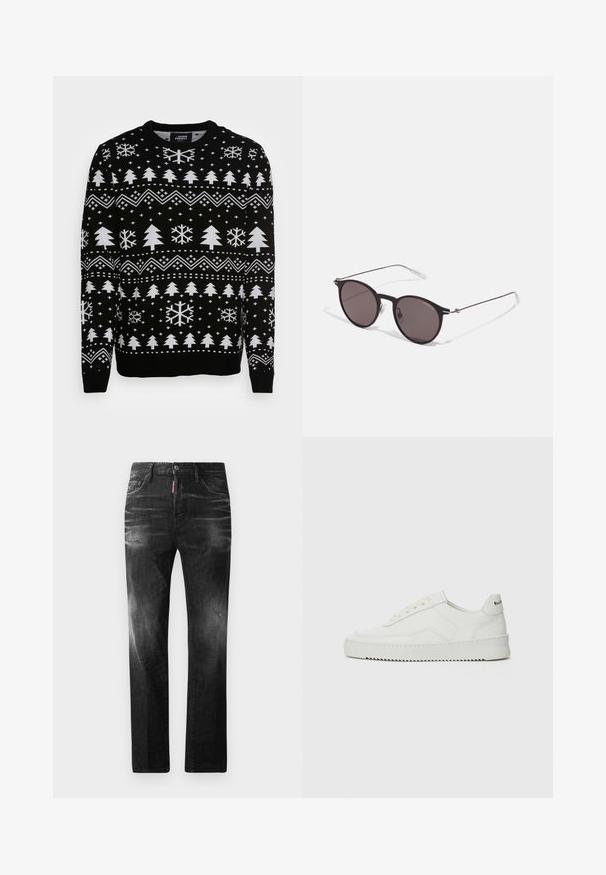 Denim Project X MAS TREE - Jumper - black; Black denim jeans with a straight fit. Features faded areas, minor distressing, classic five-pocket design, and a button closure.; White leather sneaker with a smooth finish, round toe, flat laces, and a textured sole. Features a subtle logo on the heel.; Black round sunglasses with dark lenses and slim metal arms. Includes clear temple tips and silver accents at the hinge. Minimalist design.