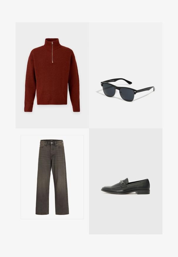 Jack & Jones JOROLLIE HALF ZIP - Pullover - dark brown; Jean large en denim gris foncé, avec une taille haute, un design classique à cinq poches et des coutures contrastantes le long des coutures.; Mocassin en cuir noir avec une finition lisse, présentant un design cousu et une accent décoratif en chaîne métallique sur le rand. Talon plat.; Lunettes de soleil noires de forme rectangulaire, verres foncés, accents argentés aux tempes et finition mate sur la monture.