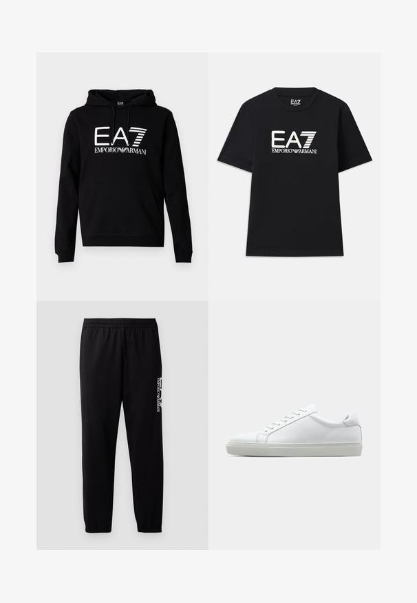 Svart hettegenser med frontlomme. Har fet hvit tekst "EA7 EMPORIO ARMANI" på brystet. Bomullsblanding.; Svart t-skjorte laget av bomull, med rund hals og korte ermer. Brodert logo "EA7 EMPORIO ARMANI" i hvitt på forsiden.; Sorte treningsbukser laget av glatt stoff, med elastisk midjebånd og mansjetter, samt en kontrasterende logo trykket på siden.; Hvit sneakers med en glatt skinnoverdel og lav profil. Har en rund tå, seks snøring hull, og en teksturert gummisåle.