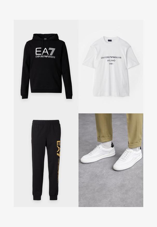 Black hooded sweatshirt with a front kangaroo pocket. Features bold white text "EA7 EMPORIO ARMANI" on the chest. Cotton blend material.; White cotton t-shirt with short sleeves, featuring "EMPORIO ARMANI MILANO 1981" in dark gray lettering and a logo. Classic crew neck design.; Black sweatpants made of soft fabric, featuring an elastic waistband and cuffed ankles. Yellow branding printed vertically on the left leg.; White sneakers with a textured leather finish, rounded toe, and black heel accent. Rubber sole with small tread pattern and stitched detail.