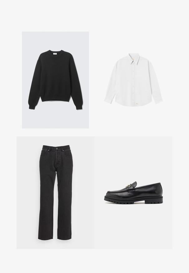 Sort langærmet striktrøje med rund hals, ribbede manchetter og kant, lagt fladt mod en lys baggrund.; Hvid skjorte med knapper og klassisk krave, lange ærmer og rundet kant; har lille orange logo nederst til venstre.; Sorte denim jeans med lige ben-design, med lukning foran ved knap, bæltestropper og to sidelommer. Tekstureret stof.; Sorte læder loafers med en glat finish, rund tå, en dekorativ rem med guldhardware og en robust sort sål.