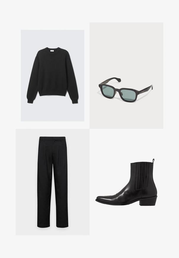 Maglione in maglia nero a maniche lunghe con collo rotondo, polsini e orlo ribattuti, steso su uno sfondo chiaro.; Pantaloni neri realizzati in tessuto liscio, caratterizzati da un taglio dritto, due pieghe frontali e una vita standard con passanti per la cintura.; Stivale alla caviglia in pelle nera con punta affusolata, pannelli laterali elasticizzati, accenti di cuciture verticali e tacco a blocco basso.; Occhiali da sole rettangolari neri con lenti verdi, con una finitura lucida e un sottile logo dorato sulla tempia.; Borsa tote in pelle nera liscia con due spallacci, forma rettangolare e dettagli di cucitura discreti su sfondo bianco.