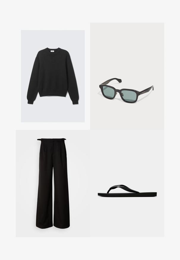 Maglione in maglia nero a maniche lunghe con collo rotondo, polsini e orlo ribattuti, steso su uno sfondo chiaro.; Pantaloni neri a gamba larga con vita alta, caratterizzati da pieghe e nastri decorativi sui lati, realizzati in un tessuto liscio e strutturato.; Infradito in gomma nera con cinturino testurizzato e suola piatta semplice, mostrati di lato su uno sfondo chiaro e uniforme.; Occhiali da sole rettangolari neri con lenti verdi, con una finitura lucida e un sottile logo dorato sulla tempia.; Borsa tote in pelle nera liscia con due spallacci, forma rettangolare e dettagli di cucitura discreti su sfondo bianco.