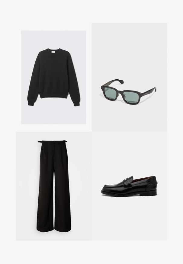 Pull en maille noir à manches longues avec col rond, poignets et ourlet côtelés, posé à plat sur un fond clair.; Pantalons larges noirs à taille haute, dotés de plis et d'accents à nouer sur les côtés, fabriqués à partir d'un tissu lisse et structuré.; Mocassins en cuir noir avec une forme légèrement allongée, comportant des détails cousus et un petit talon. Fini lisse et brillant.; Lunettes de soleil rectangulaires noires avec des verres verts, présentant une finition brillante et un branding doré discret sur la branche.; Sac cabas en cuir lisse noir avec deux poignées, de forme rectangulaire, et un discret détail de couture sur fond blanc.
