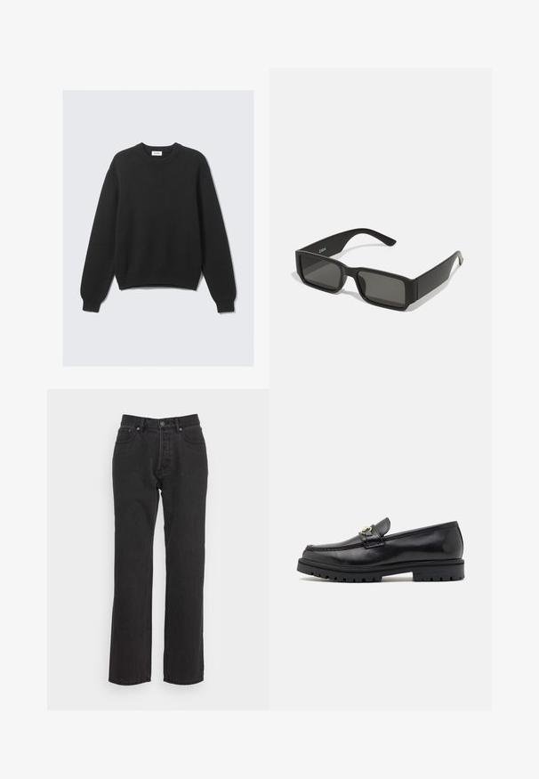 Sort langærmet striktrøje med rund hals, ribbede manchetter og kant, lagt fladt mod en lys baggrund.; Sorte denim jeans med lige ben-design, med lukning foran ved knap, bæltestropper og to sidelommer. Tekstureret stof.; Sorte læder loafers med en glat finish, rund tå, en dekorativ rem med guldhardware og en robust sort sål.; Sorte solbriller med rektangulære linser, mat plastikramme og lige kanter. Har brandlogo på den indvendige arm.