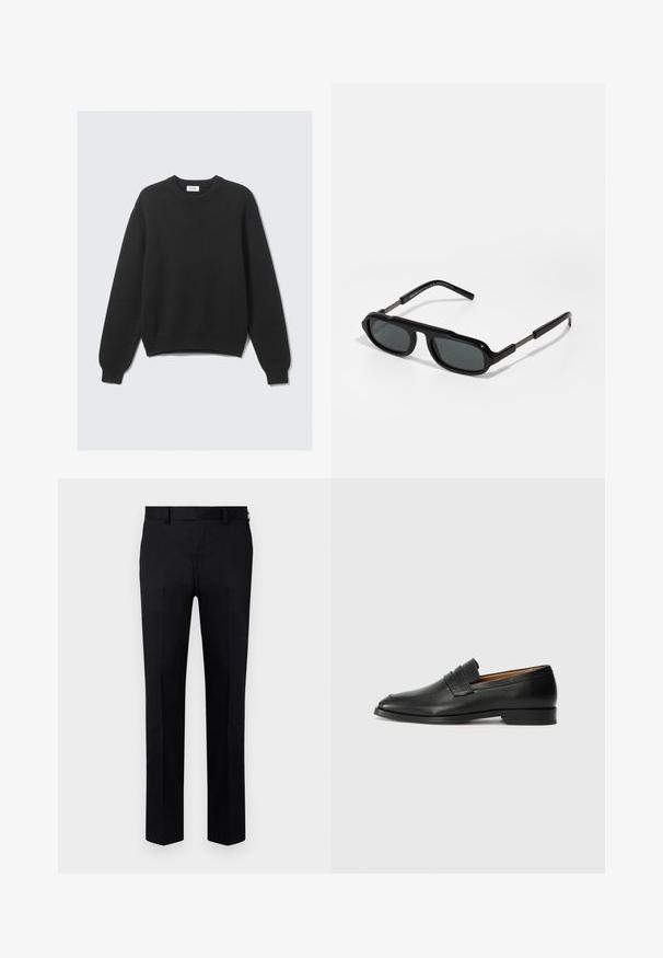 Svart langermet strikkegenser med rund hals, ribbede mansjetter og nederkant, lagt flatt mot en lys bakgrunn.; Sorte bukser laget av glatt stoff, med rett ben design, frontfold og beltestropper i midjen. Ingen synlige mønstre eller detaljer.; Svart skinnloafer med rund tå, subtilt sydd detaljering og lav hæl, med en glatt tekstur og minimalistisk design.; Sorte solbriller med kantede rammer, mørke linser og metalarme med indgraverede detaljer. Glat, blank finish med et dristigt design.